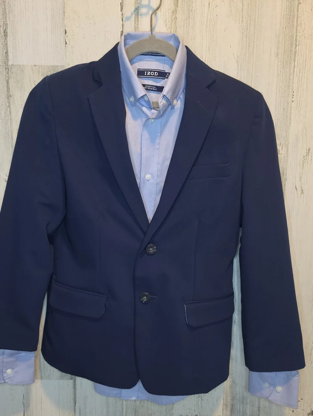IZOD Boys Suit 3 Piece Navy Blazer Pants Blue Dress Shirt Size 10 12 Stretch